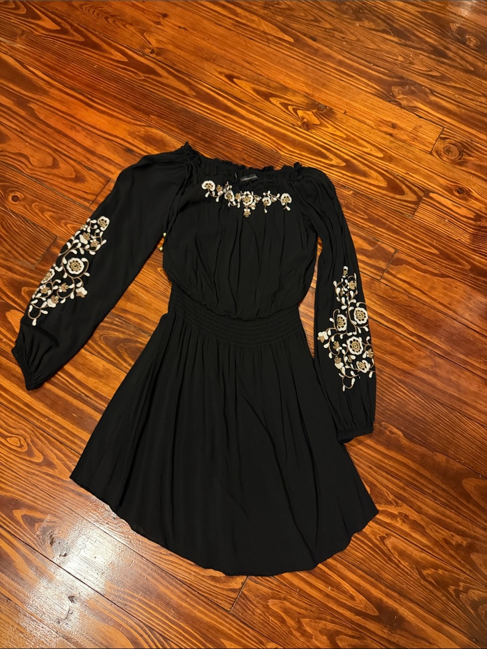 White House Black Market Black Long-Sleeve Embroidered Floral Dress